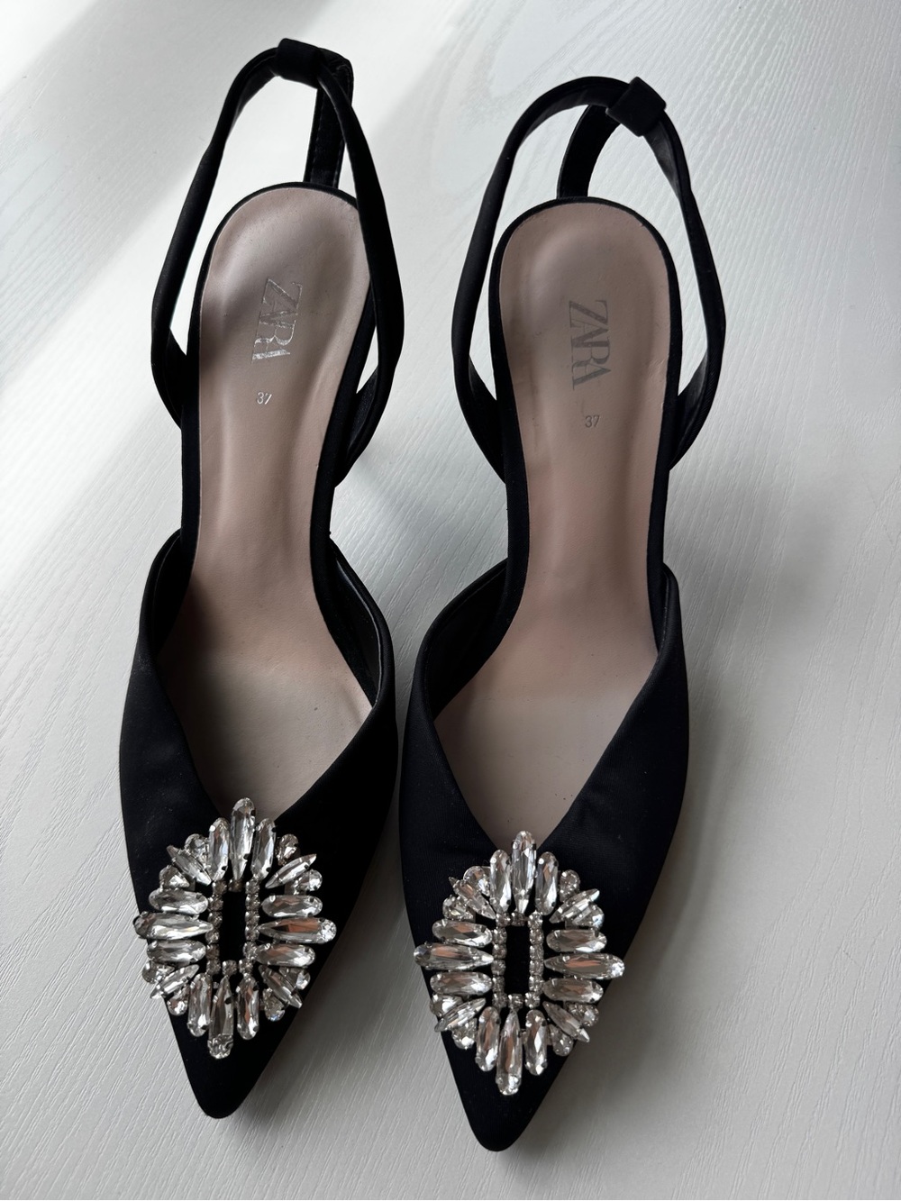 ZARA Black Pointed-Toe Slingback Heels with Crystal Brooch